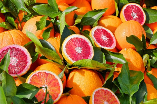 fresh blood oranges citrus fruit. seen on sicilian market