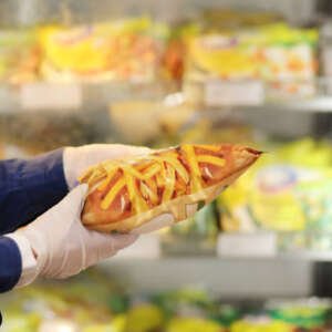 supermarket shopping, face mask and gloves, reading product information
