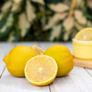 lisbon lemon on wooden table background.