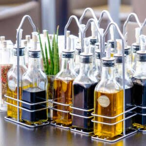 bottles with oil and vinegar at a restaurant