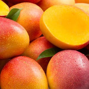 a lot of mangoes on white background