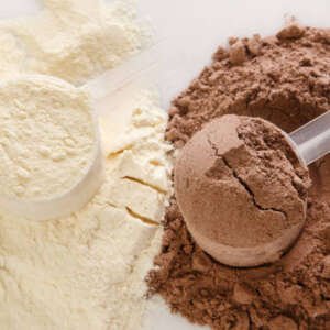 close up of protein powder and scoops